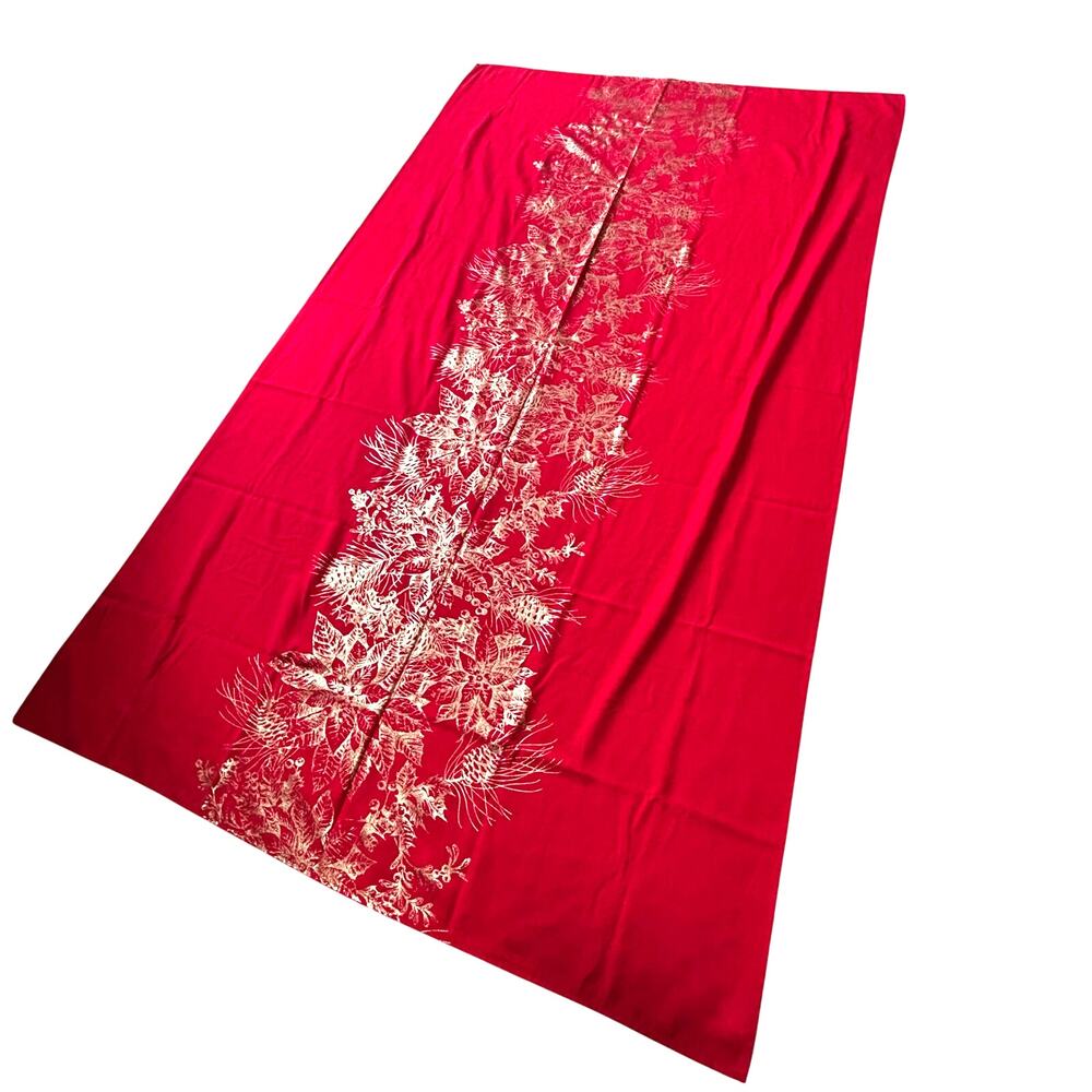 Vintage Christmas Holiday tablecloth buffet size rectangle red with gold leaves